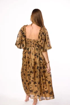 Fashion Worth Collective Harlow Camel & Black Floral Maxi Dress with Stretchy Neckline - Bump F