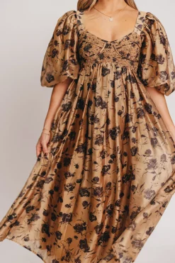 Fashion Worth Collective Harlow Camel & Black Floral Maxi Dress with Stretchy Neckline - Bump F