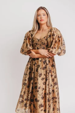 Fashion Worth Collective Harlow Camel & Black Floral Maxi Dress with Stretchy Neckline - Bump F