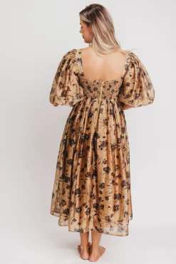 Fashion Worth Collective Harlow Camel & Black Floral Maxi Dress with Stretchy Neckline - Bump F
