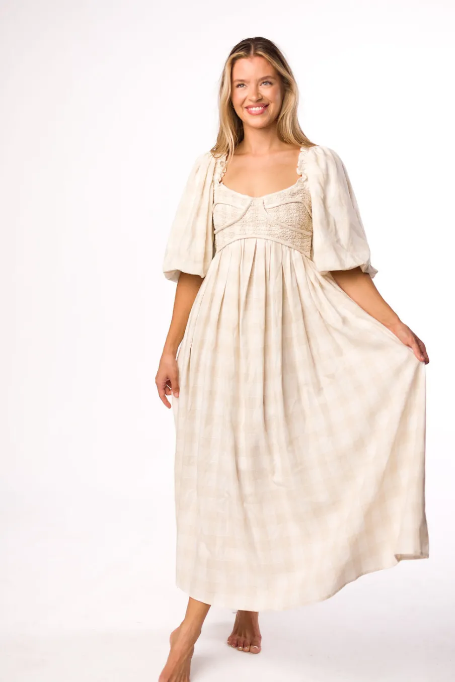 Best Worth Collective Harlow Maxi Dress in Natural Plaid - Bump Friendly (S-3XL)