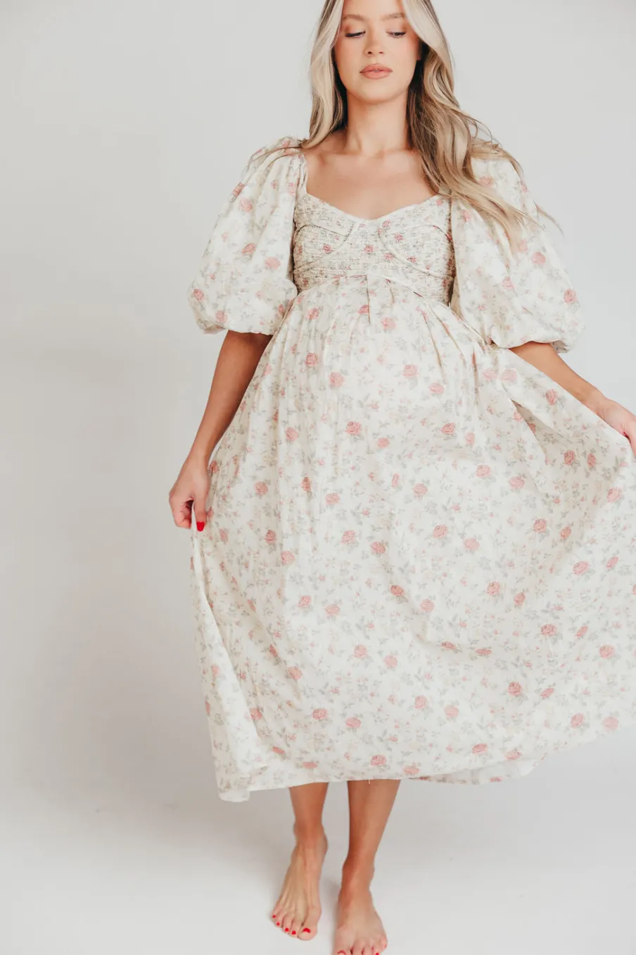 Online Worth Collective Harlow Maxi Dress in Off-White Floral - Bump Friendly & Inclusive Sizi