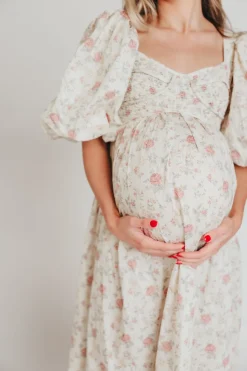 Online Worth Collective Harlow Maxi Dress in Off-White Floral - Bump Friendly & Inclusive Sizi
