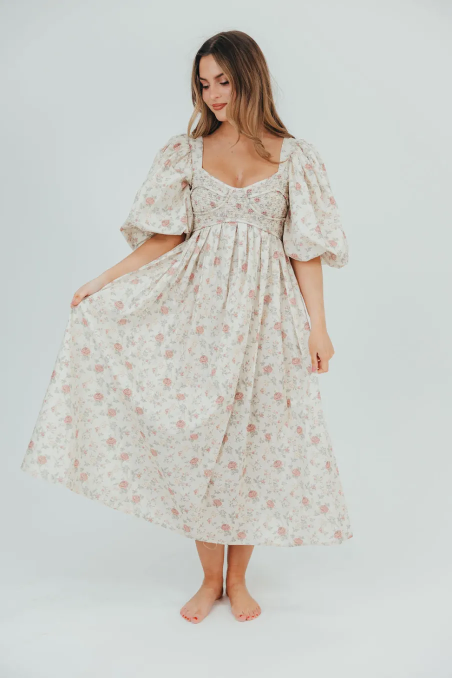 Online Worth Collective Harlow Maxi Dress in Off-White Floral - Bump Friendly & Inclusive Sizi