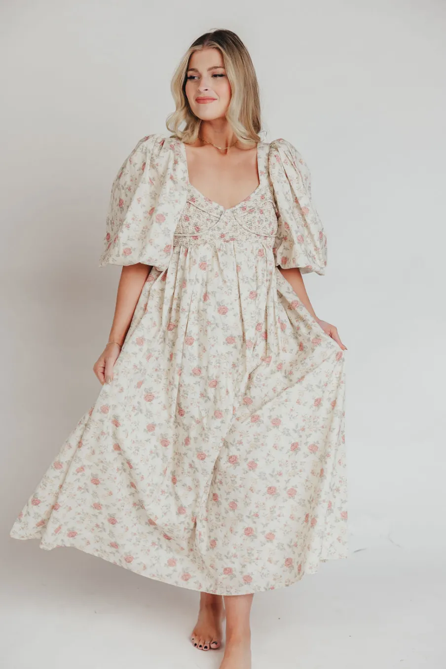 Online Worth Collective Harlow Maxi Dress in Off-White Floral - Bump Friendly & Inclusive Sizi