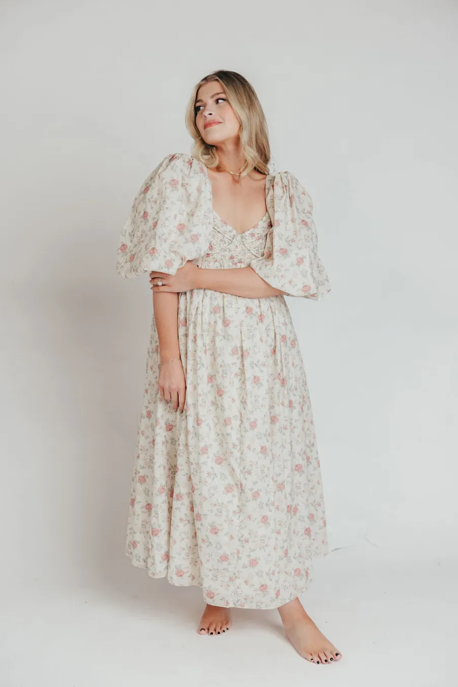 Online Worth Collective Harlow Maxi Dress in Off-White Floral - Bump Friendly & Inclusive Sizi