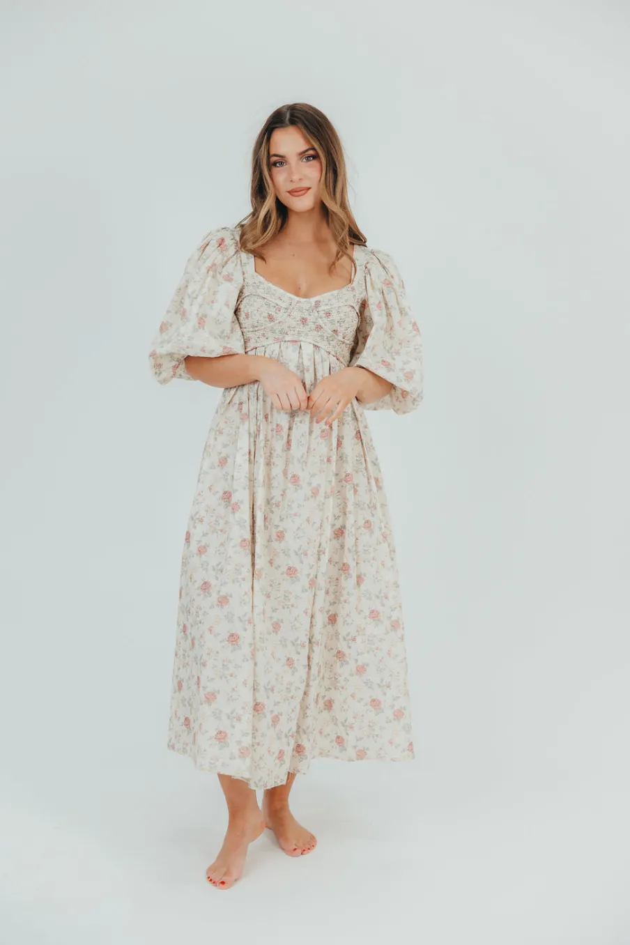Online Worth Collective Harlow Maxi Dress in Off-White Floral - Bump Friendly & Inclusive Sizi