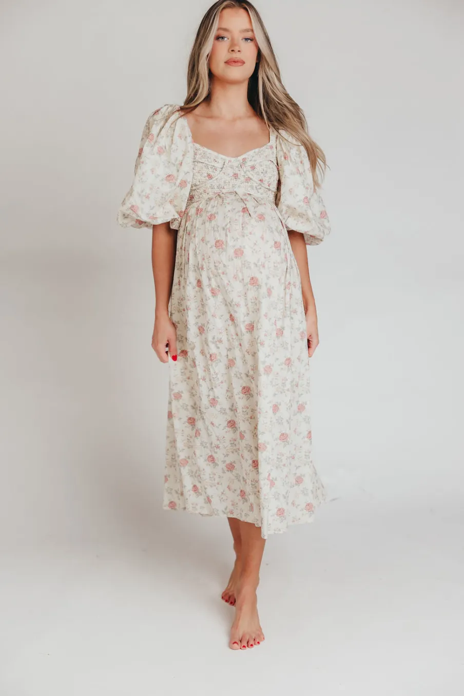 Online Worth Collective Harlow Maxi Dress in Off-White Floral - Bump Friendly & Inclusive Sizi