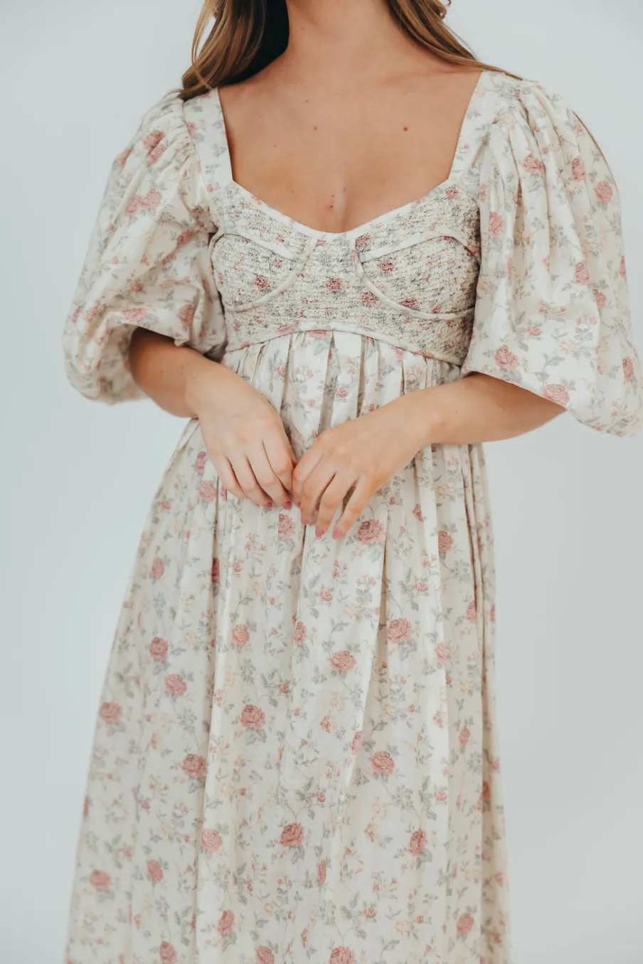 Online Worth Collective Harlow Maxi Dress in Off-White Floral - Bump Friendly & Inclusive Sizi