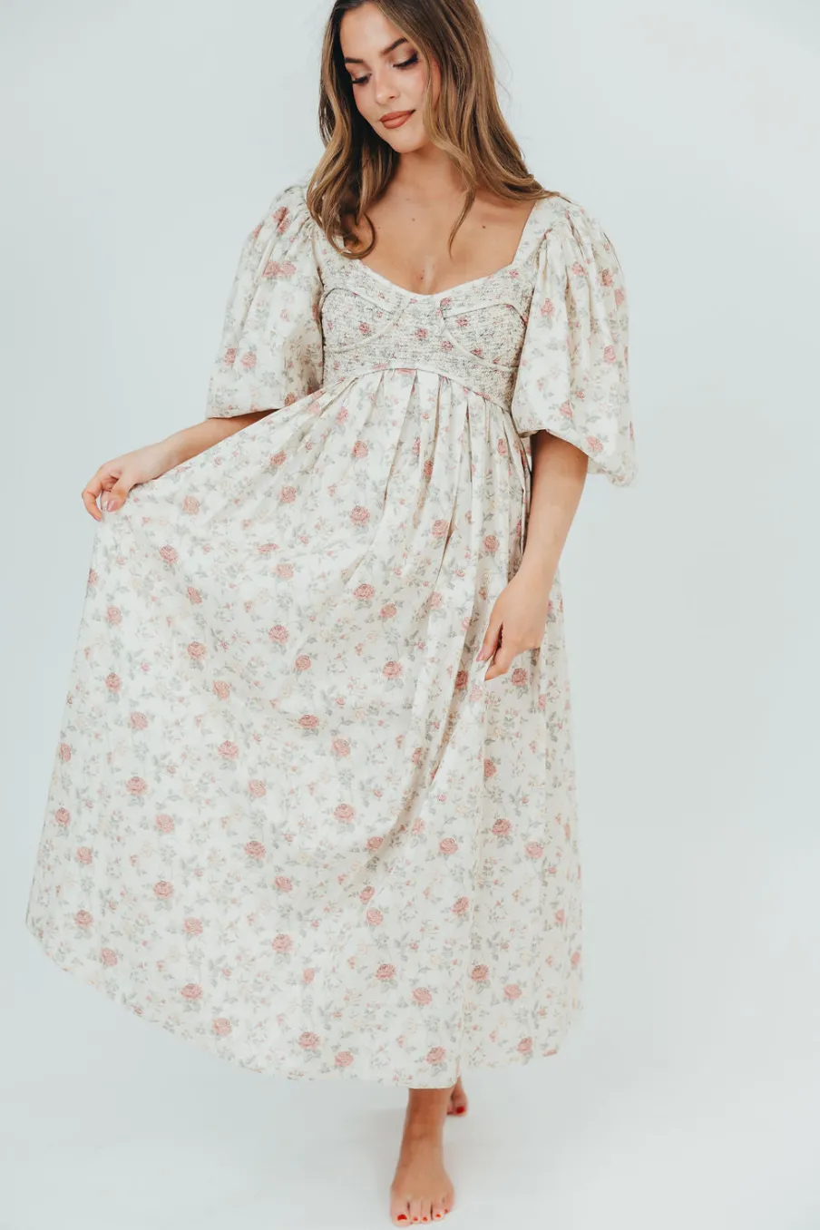 Online Worth Collective Harlow Maxi Dress in Off-White Floral - Bump Friendly & Inclusive Sizi
