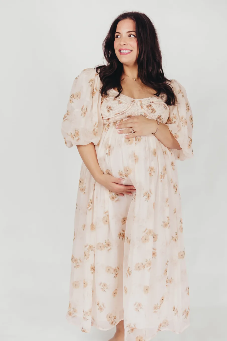New Worth Collective Harlow Maxi Dress in Taupe Floral - Bump Friendly & Inclusive Sizing (