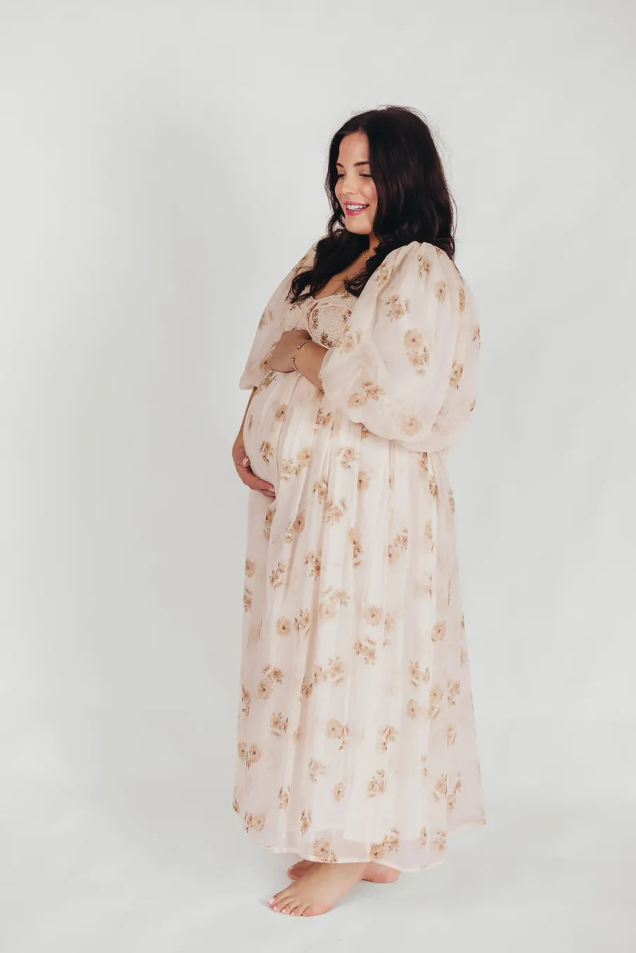 New Worth Collective Harlow Maxi Dress in Taupe Floral - Bump Friendly & Inclusive Sizing (