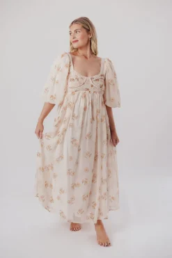 New Worth Collective Harlow Maxi Dress in Taupe Floral - Bump Friendly & Inclusive Sizing (