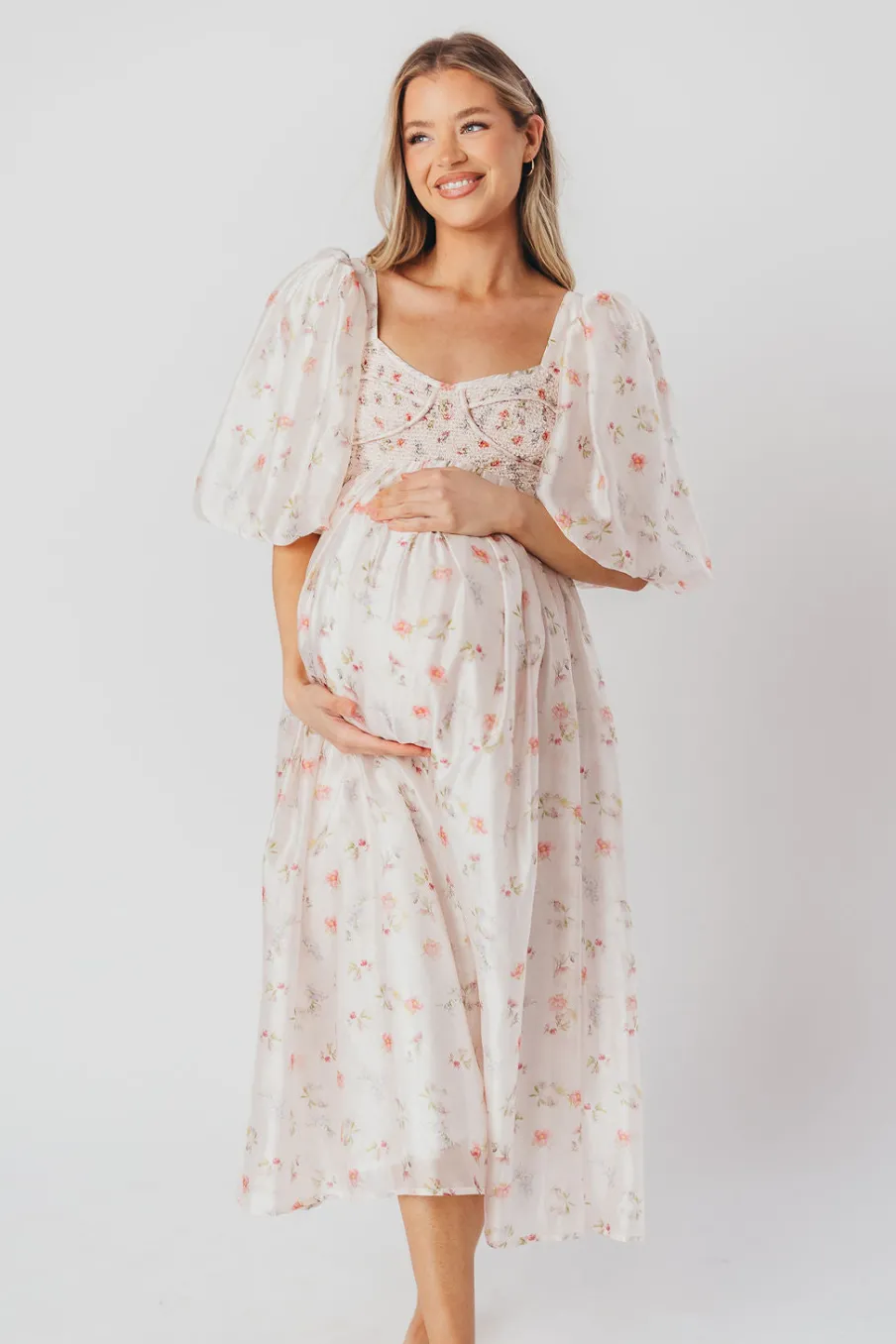 Clearance Worth Collective Harlow Maxi Dress in Tiny Pink Floral - Bump Friendly & Inclusive Sizi