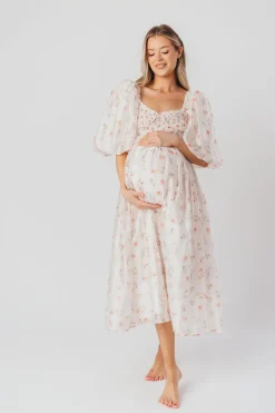Clearance Worth Collective Harlow Maxi Dress in Tiny Pink Floral - Bump Friendly & Inclusive Sizi