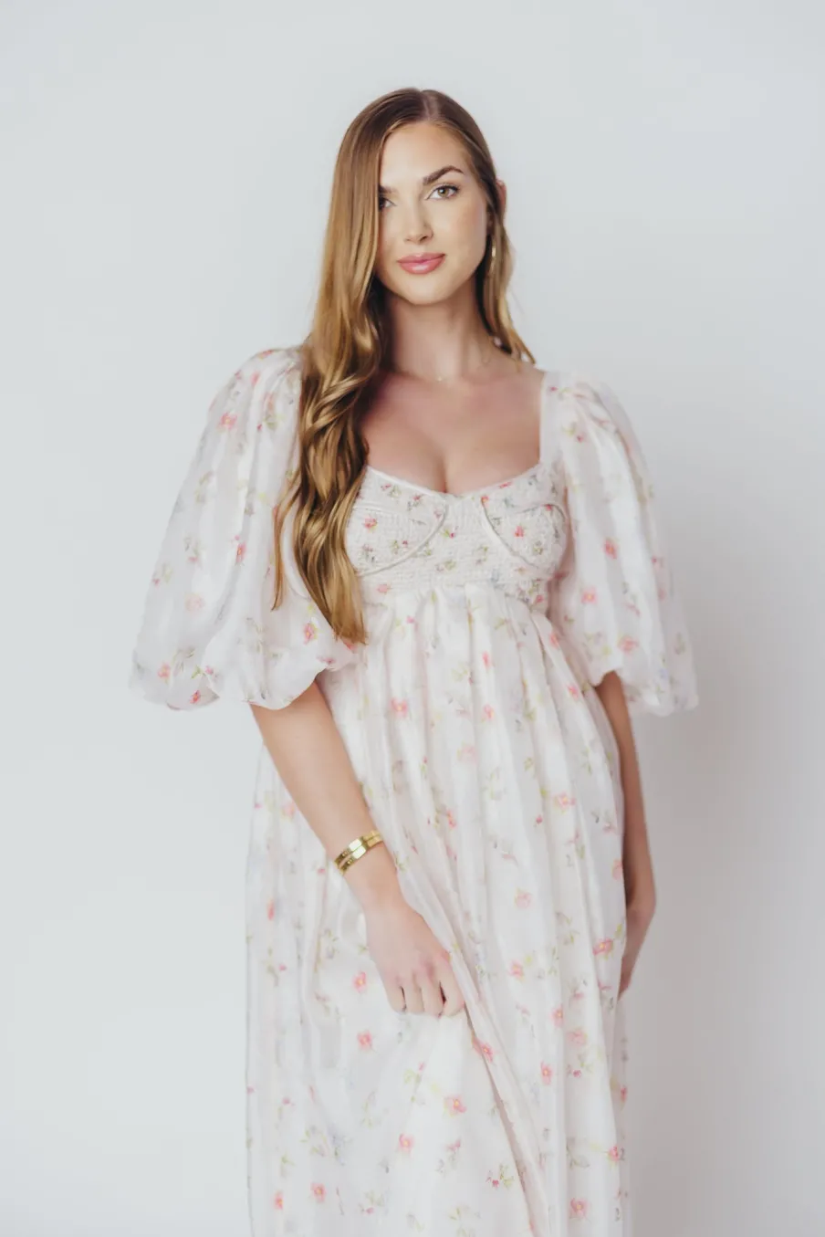 Clearance Worth Collective Harlow Maxi Dress in Tiny Pink Floral - Bump Friendly & Inclusive Sizi