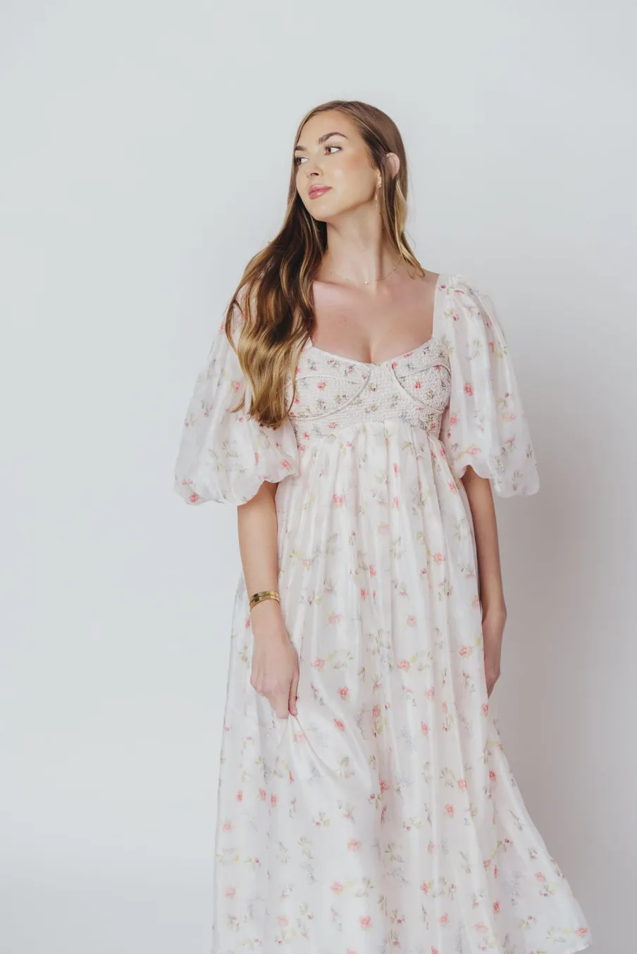 Clearance Worth Collective Harlow Maxi Dress in Tiny Pink Floral - Bump Friendly & Inclusive Sizi
