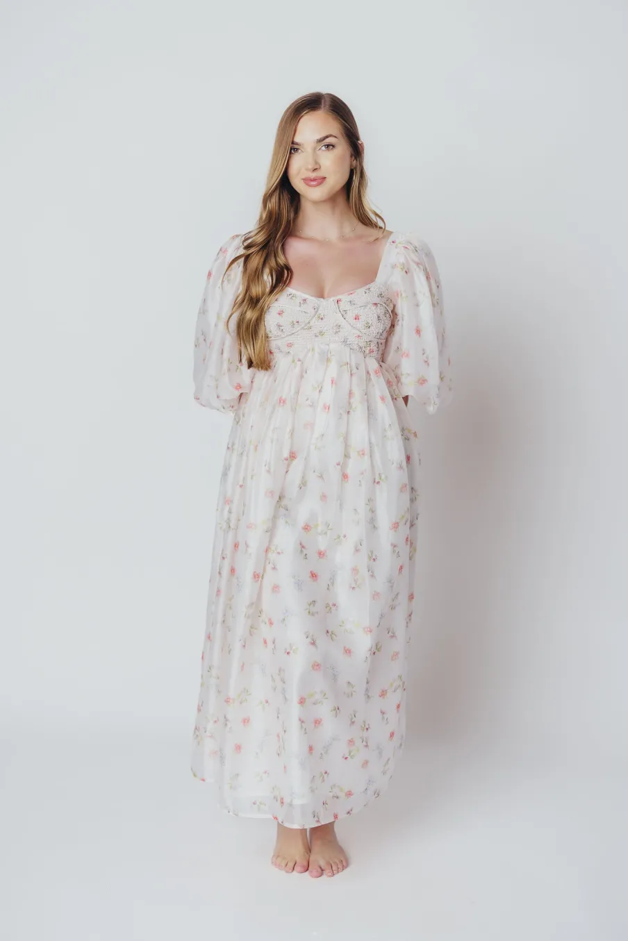 Clearance Worth Collective Harlow Maxi Dress in Tiny Pink Floral - Bump Friendly & Inclusive Sizi