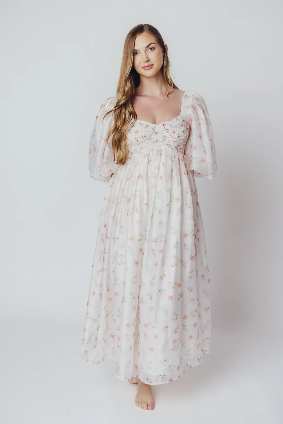 Clearance Worth Collective Harlow Maxi Dress in Tiny Pink Floral - Bump Friendly & Inclusive Sizi