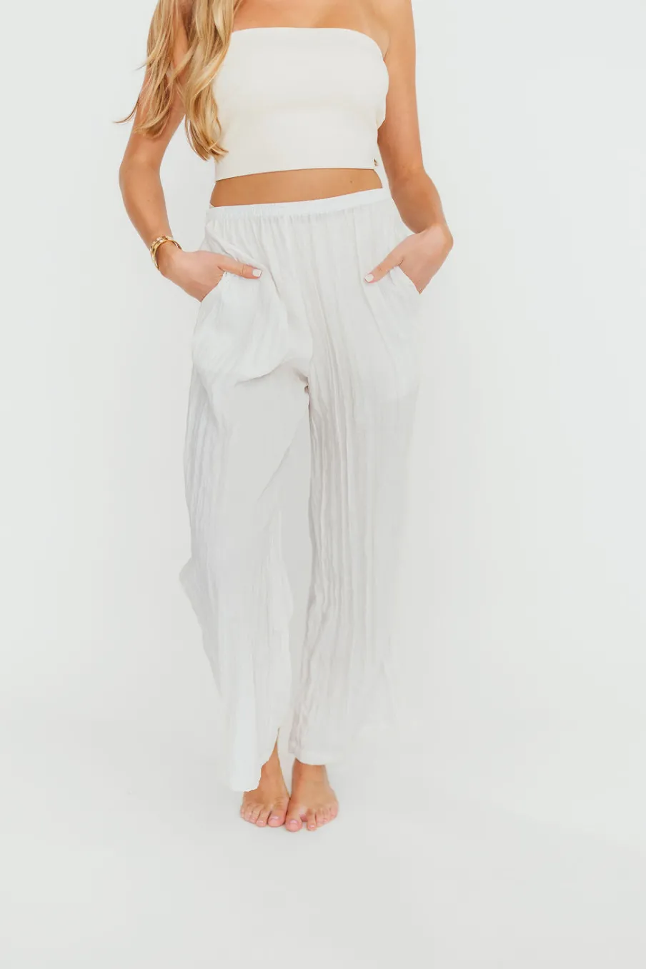 Hot Worth Collective Harmony Crinkle Fabric Pants in Milk (Please see description)