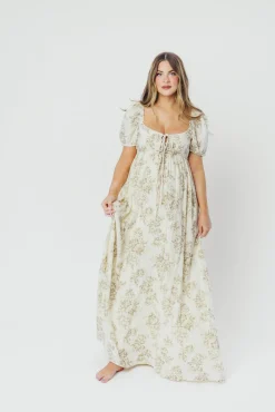 Online Worth Collective Haven 100% Cotton Tie-Front Maxi Dress in Taupe/Brown Floral - Bump Fr