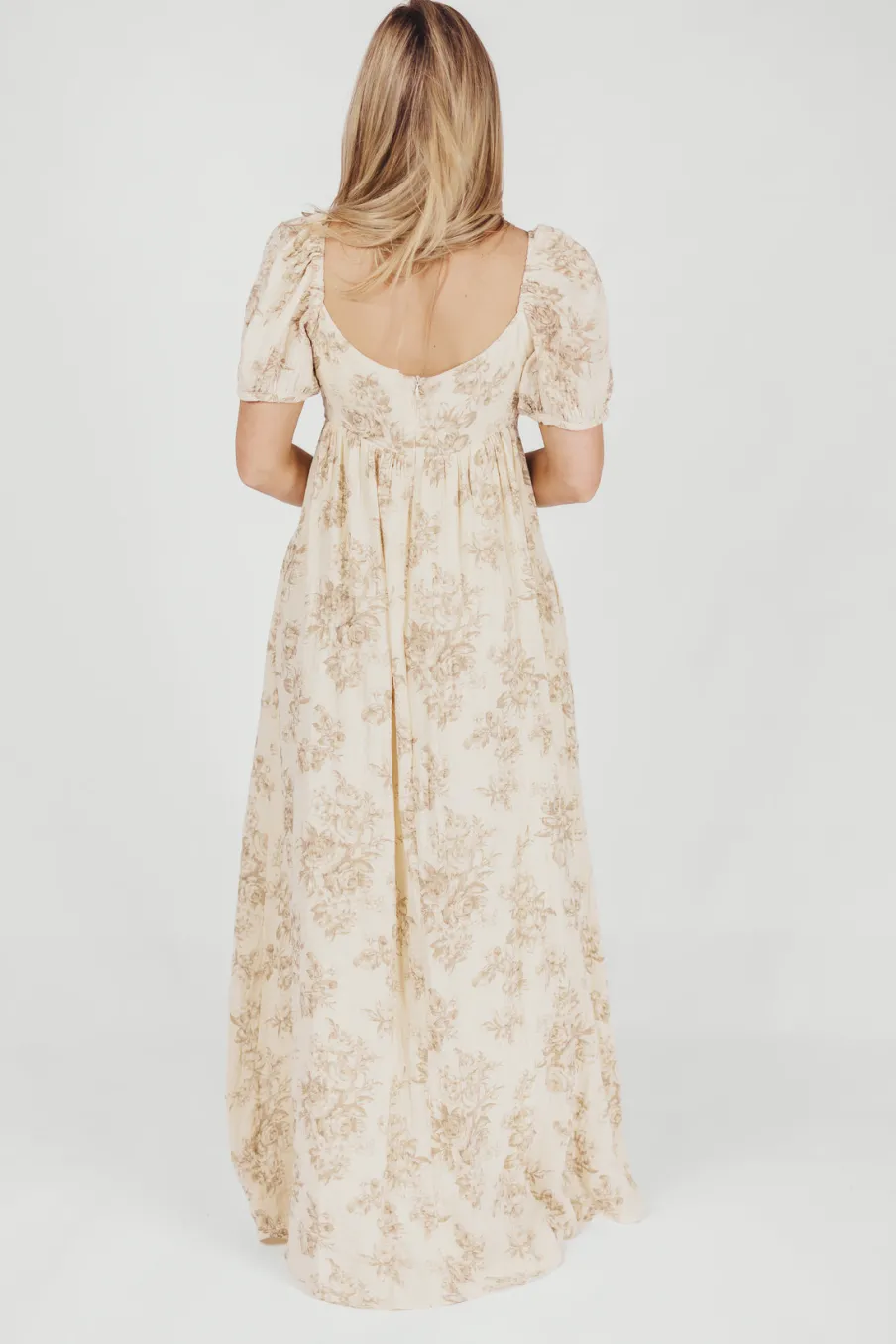Online Worth Collective Haven 100% Cotton Tie-Front Maxi Dress in Taupe/Brown Floral - Bump Fr