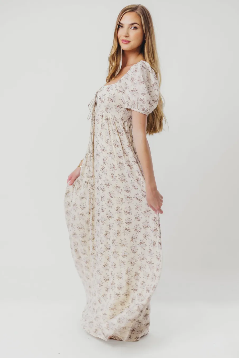 Hot Worth Collective Haven 100% Cotton Tie-Front Maxi Dress in Blue/Brown Floral - Bump Fri