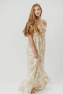 Online Worth Collective Haven 100% Cotton Tie-Front Maxi Dress in Taupe/Brown Floral - Bump Fr
