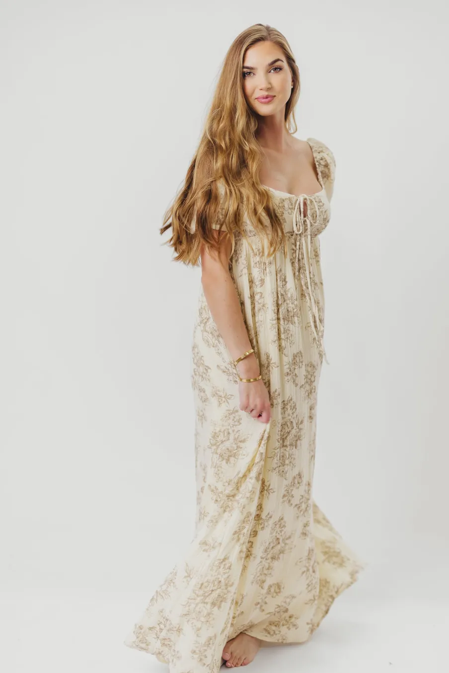 Online Worth Collective Haven 100% Cotton Tie-Front Maxi Dress in Taupe/Brown Floral - Bump Fr
