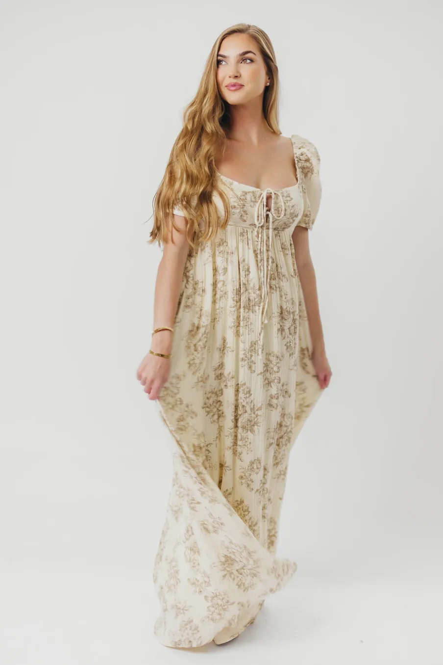 Online Worth Collective Haven 100% Cotton Tie-Front Maxi Dress in Taupe/Brown Floral - Bump Fr
