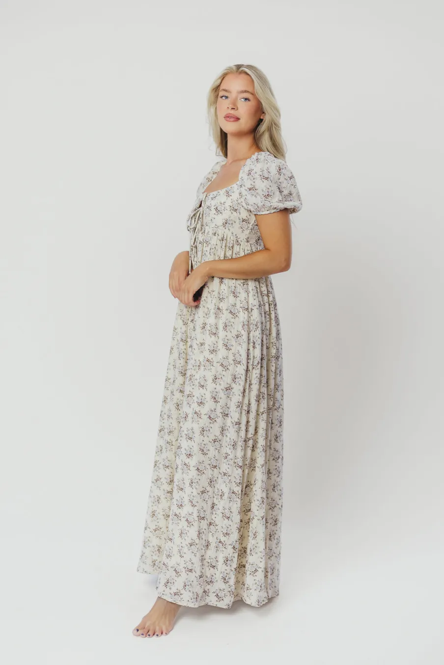 Hot Worth Collective Haven 100% Cotton Tie-Front Maxi Dress in Blue/Brown Floral - Bump Fri