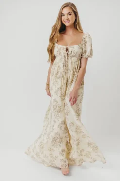 Online Worth Collective Haven 100% Cotton Tie-Front Maxi Dress in Taupe/Brown Floral - Bump Fr