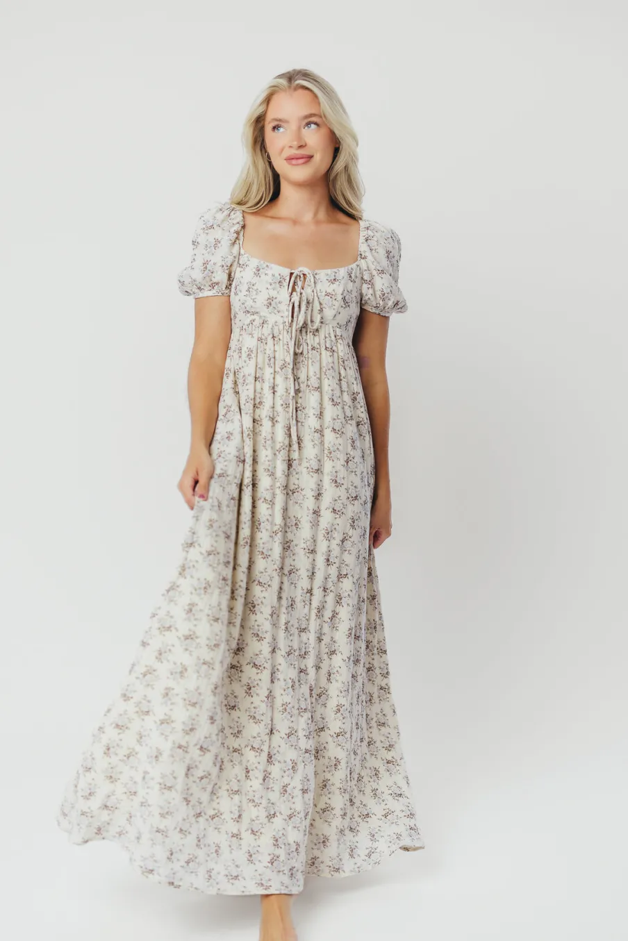 Hot Worth Collective Haven 100% Cotton Tie-Front Maxi Dress in Blue/Brown Floral - Bump Fri