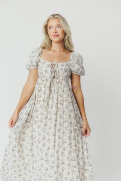 Hot Worth Collective Haven 100% Cotton Tie-Front Maxi Dress in Blue/Brown Floral - Bump Fri