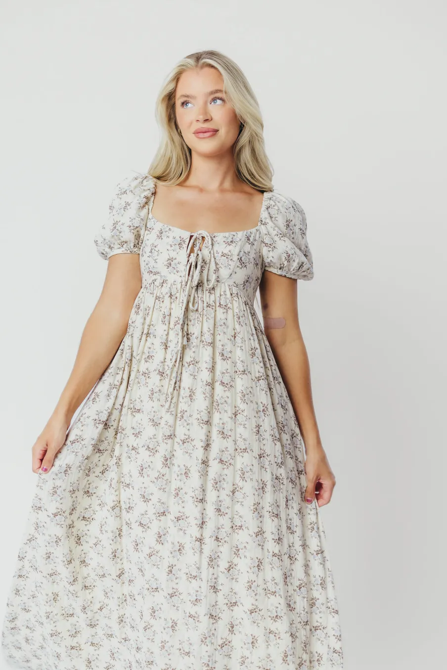 Hot Worth Collective Haven 100% Cotton Tie-Front Maxi Dress in Blue/Brown Floral - Bump Fri