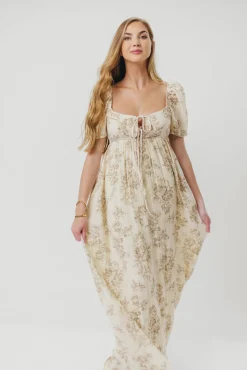 Online Worth Collective Haven 100% Cotton Tie-Front Maxi Dress in Taupe/Brown Floral - Bump Fr