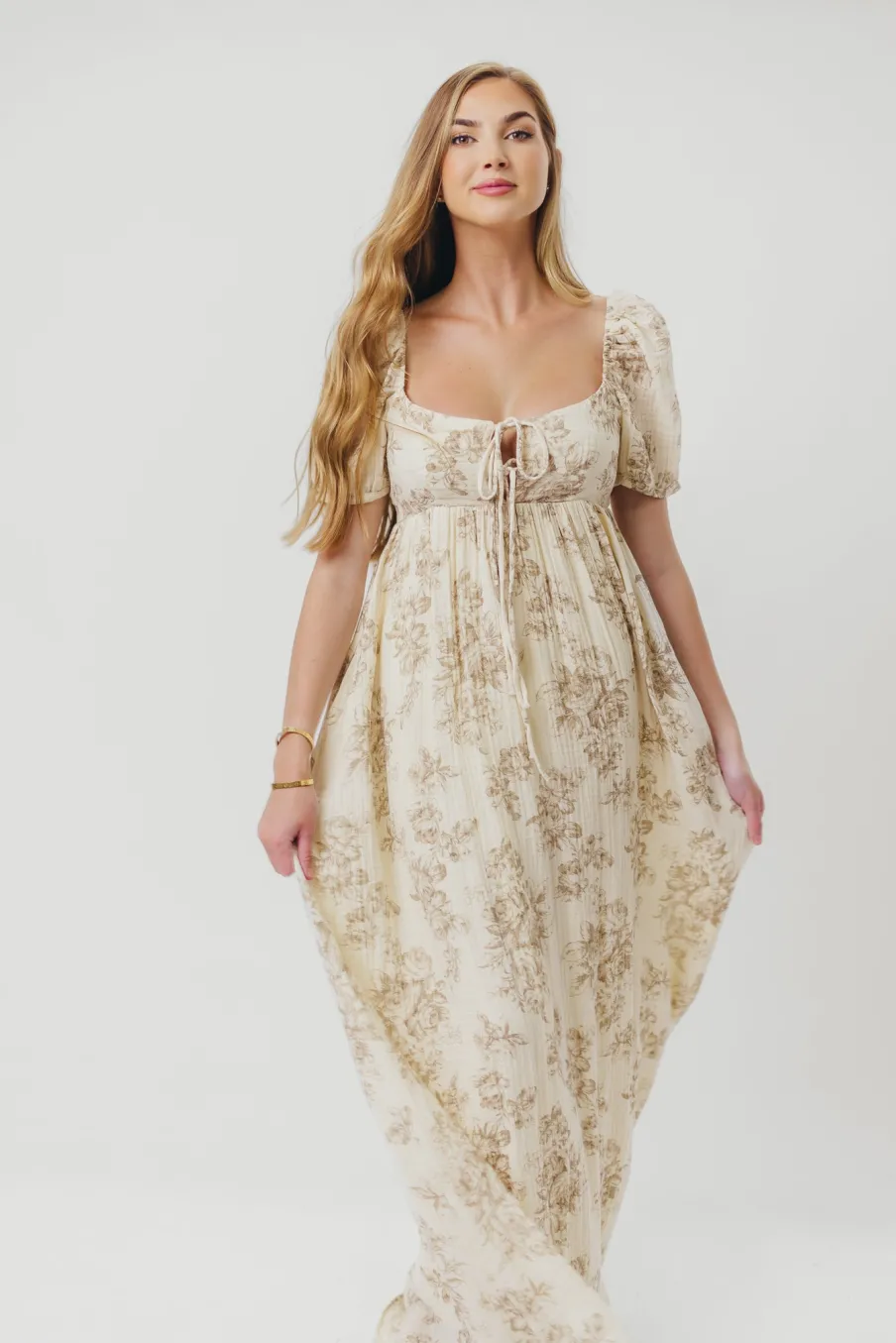 Online Worth Collective Haven 100% Cotton Tie-Front Maxi Dress in Taupe/Brown Floral - Bump Fr