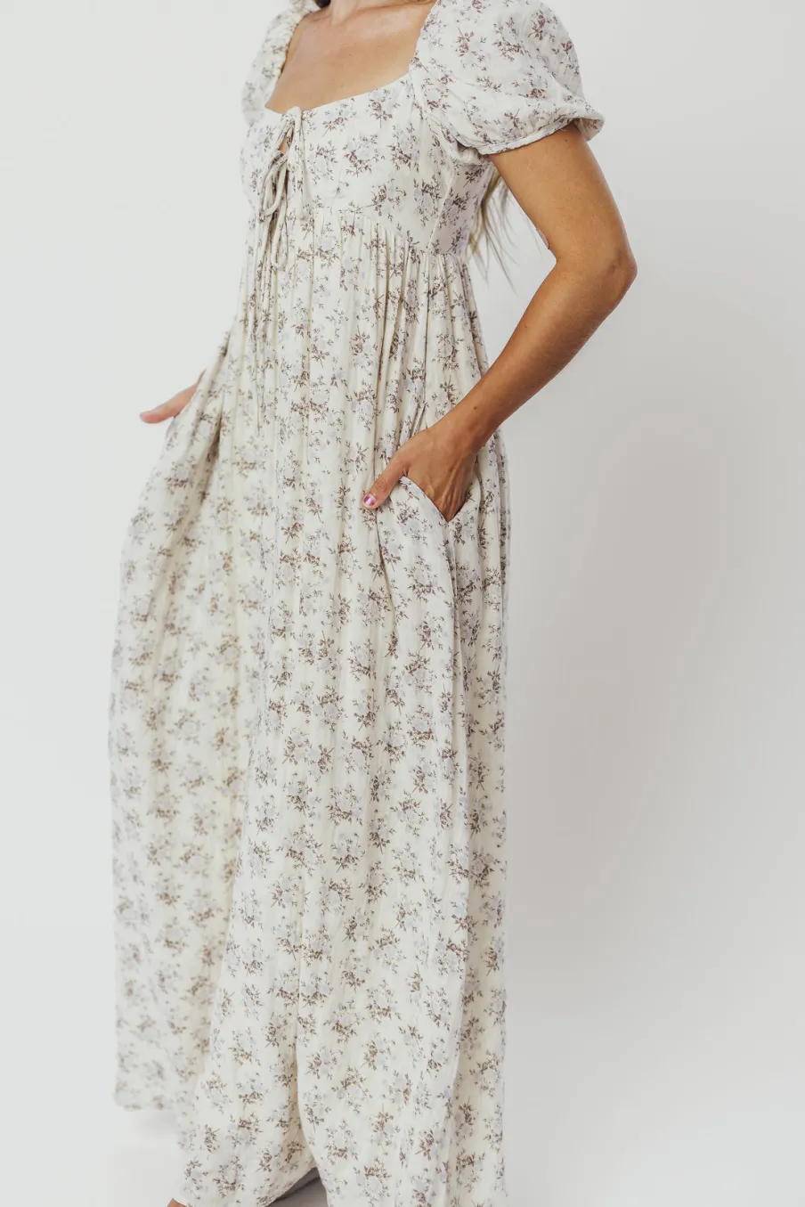 Hot Worth Collective Haven 100% Cotton Tie-Front Maxi Dress in Blue/Brown Floral - Bump Fri
