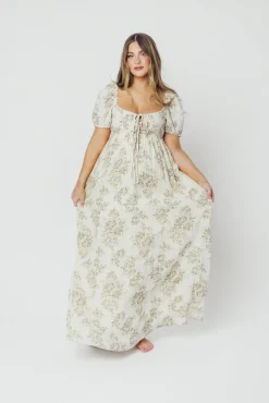 Online Worth Collective Haven 100% Cotton Tie-Front Maxi Dress in Taupe/Brown Floral - Bump Fr