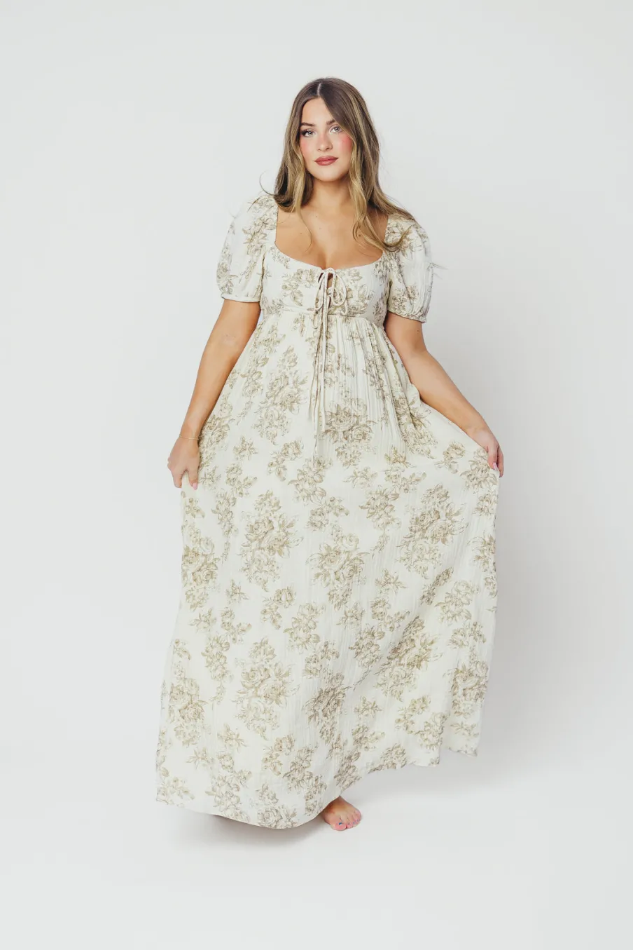 Online Worth Collective Haven 100% Cotton Tie-Front Maxi Dress in Taupe/Brown Floral - Bump Fr