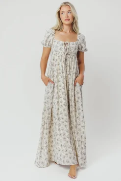 Hot Worth Collective Haven 100% Cotton Tie-Front Maxi Dress in Blue/Brown Floral - Bump Fri