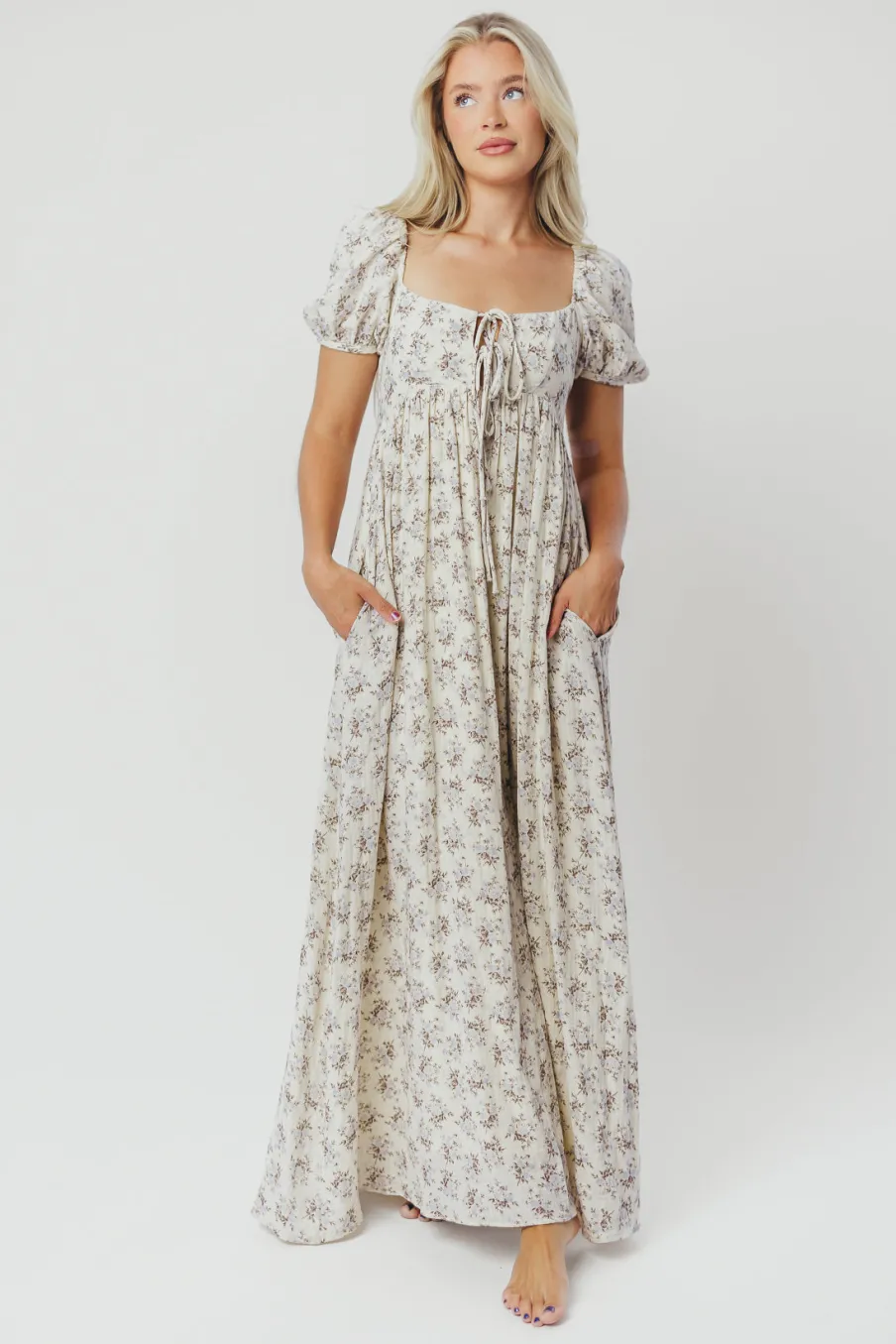 Hot Worth Collective Haven 100% Cotton Tie-Front Maxi Dress in Blue/Brown Floral - Bump Fri