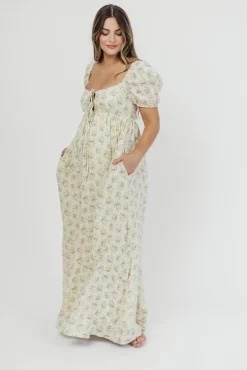 Outlet Worth Collective Haven 100% Cotton Tie-Front Maxi Dress in Orange/Green Floral - Bump F