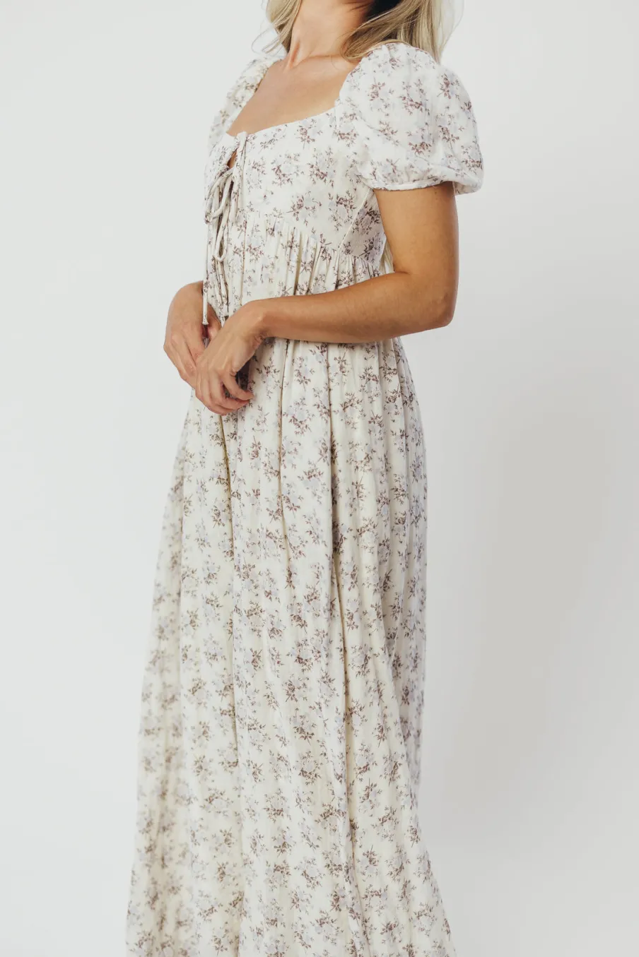 Hot Worth Collective Haven 100% Cotton Tie-Front Maxi Dress in Blue/Brown Floral - Bump Fri