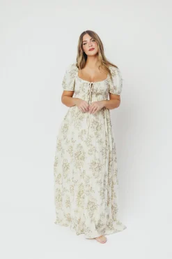 Online Worth Collective Haven 100% Cotton Tie-Front Maxi Dress in Taupe/Brown Floral - Bump Fr