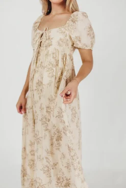 Online Worth Collective Haven 100% Cotton Tie-Front Maxi Dress in Taupe/Brown Floral - Bump Fr