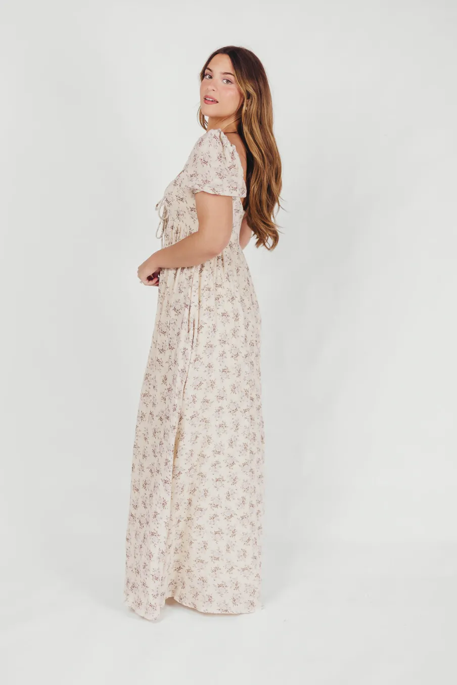 Hot Worth Collective Haven 100% Cotton Tie-Front Maxi Dress in Blue/Brown Floral - Bump Fri