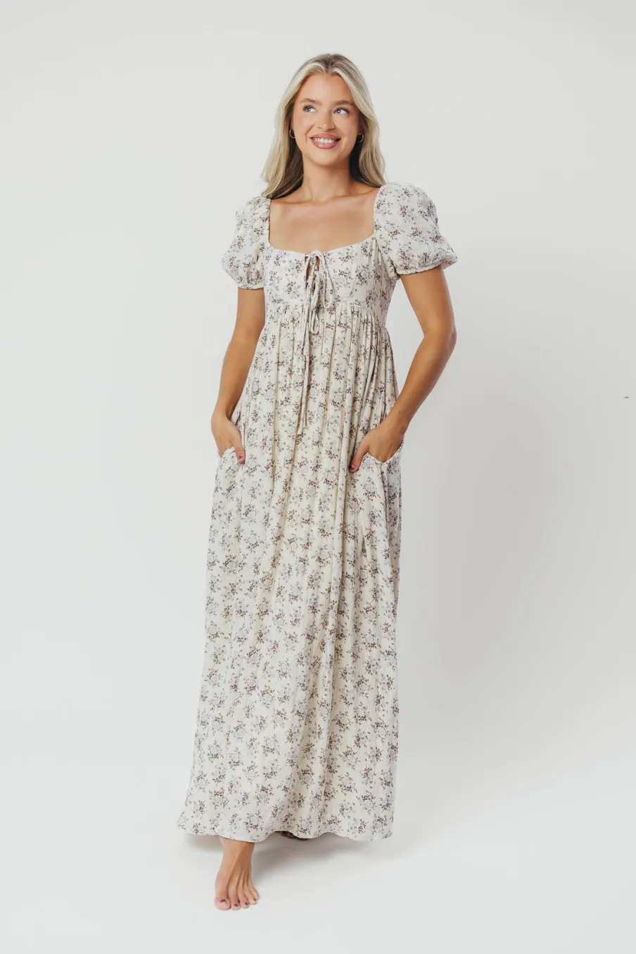Hot Worth Collective Haven 100% Cotton Tie-Front Maxi Dress in Blue/Brown Floral - Bump Fri