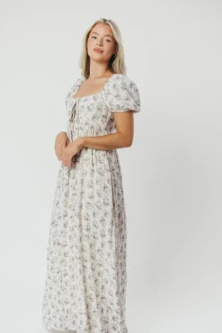 Hot Worth Collective Haven 100% Cotton Tie-Front Maxi Dress in Blue/Brown Floral - Bump Fri