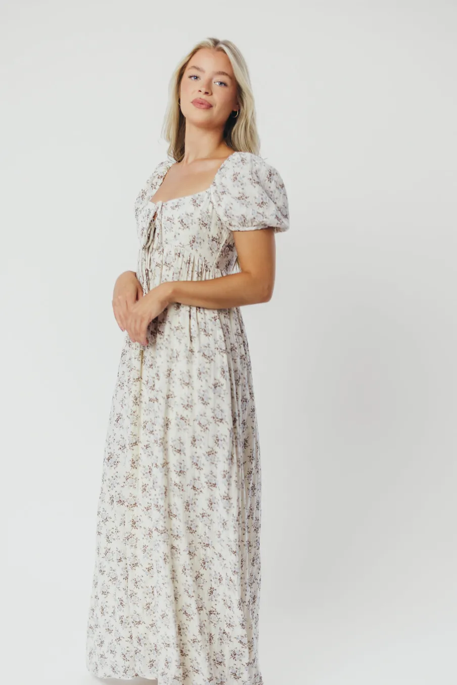 Hot Worth Collective Haven 100% Cotton Tie-Front Maxi Dress in Blue/Brown Floral - Bump Fri